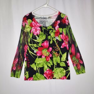 Nygard Tropical Cardigan Women Medium Bold Button 3/4 Mesh Sleeve Sequin Coastal